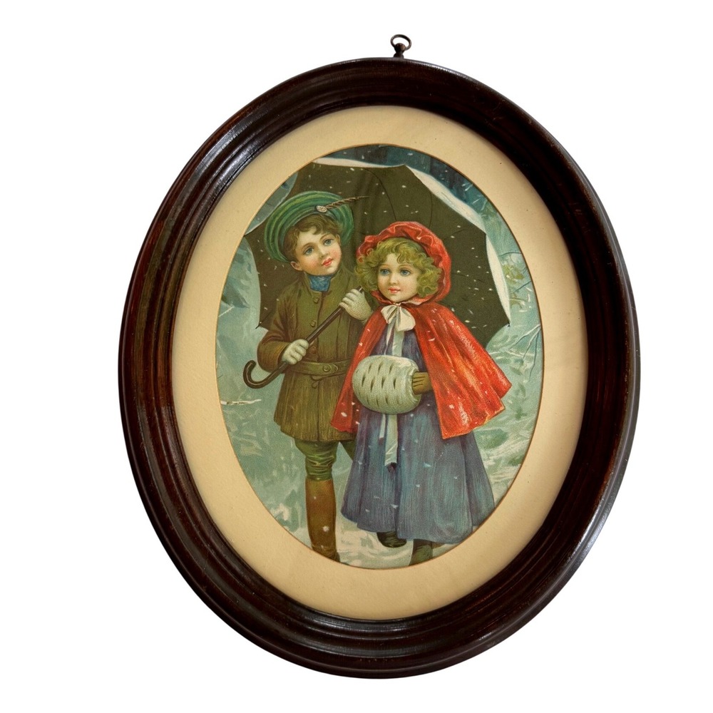 Vintage Oval Framed Print: Victorian Children in Snow